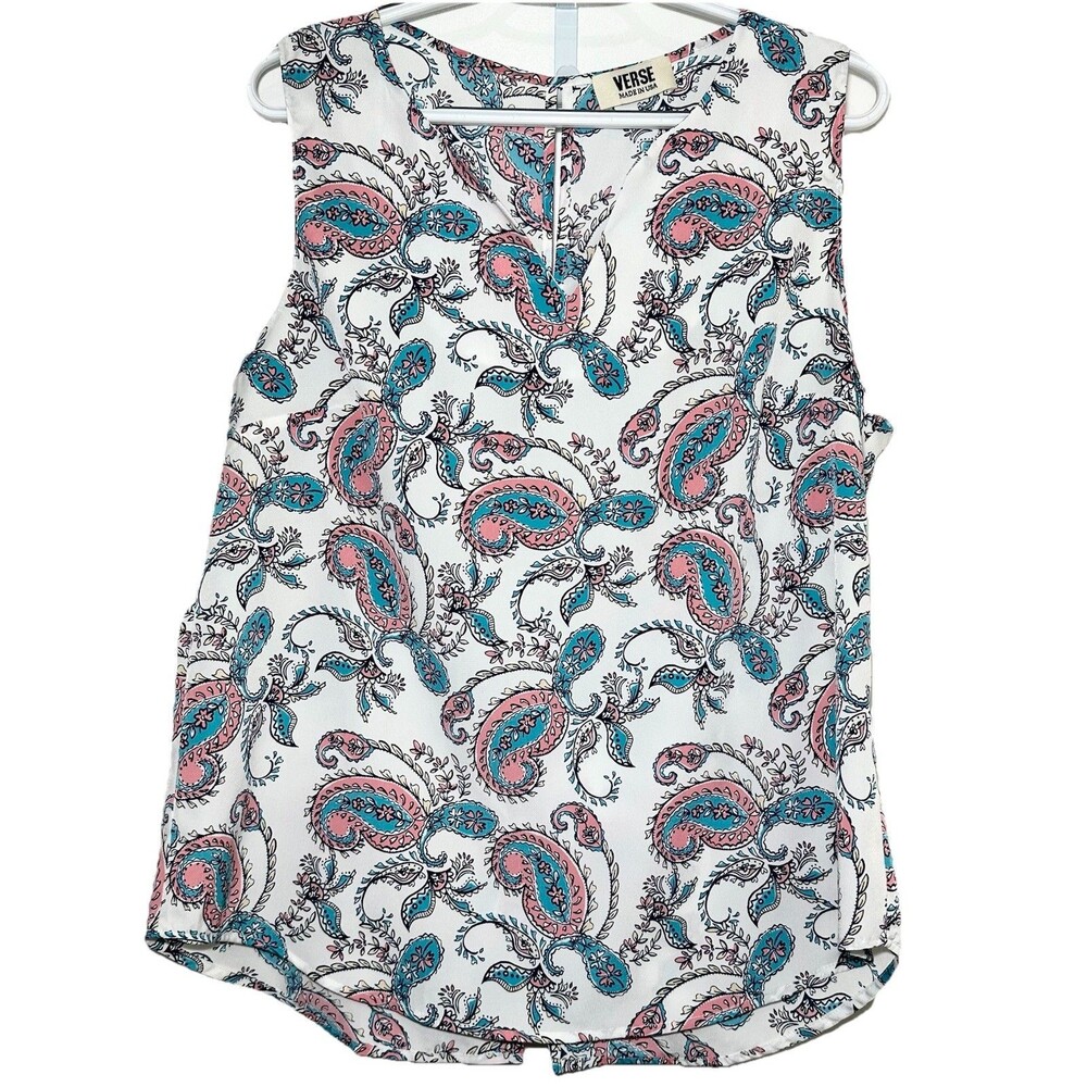VERSE Paisley Sleeveless Blouse Large Pink Blue Lightweight Boho USA